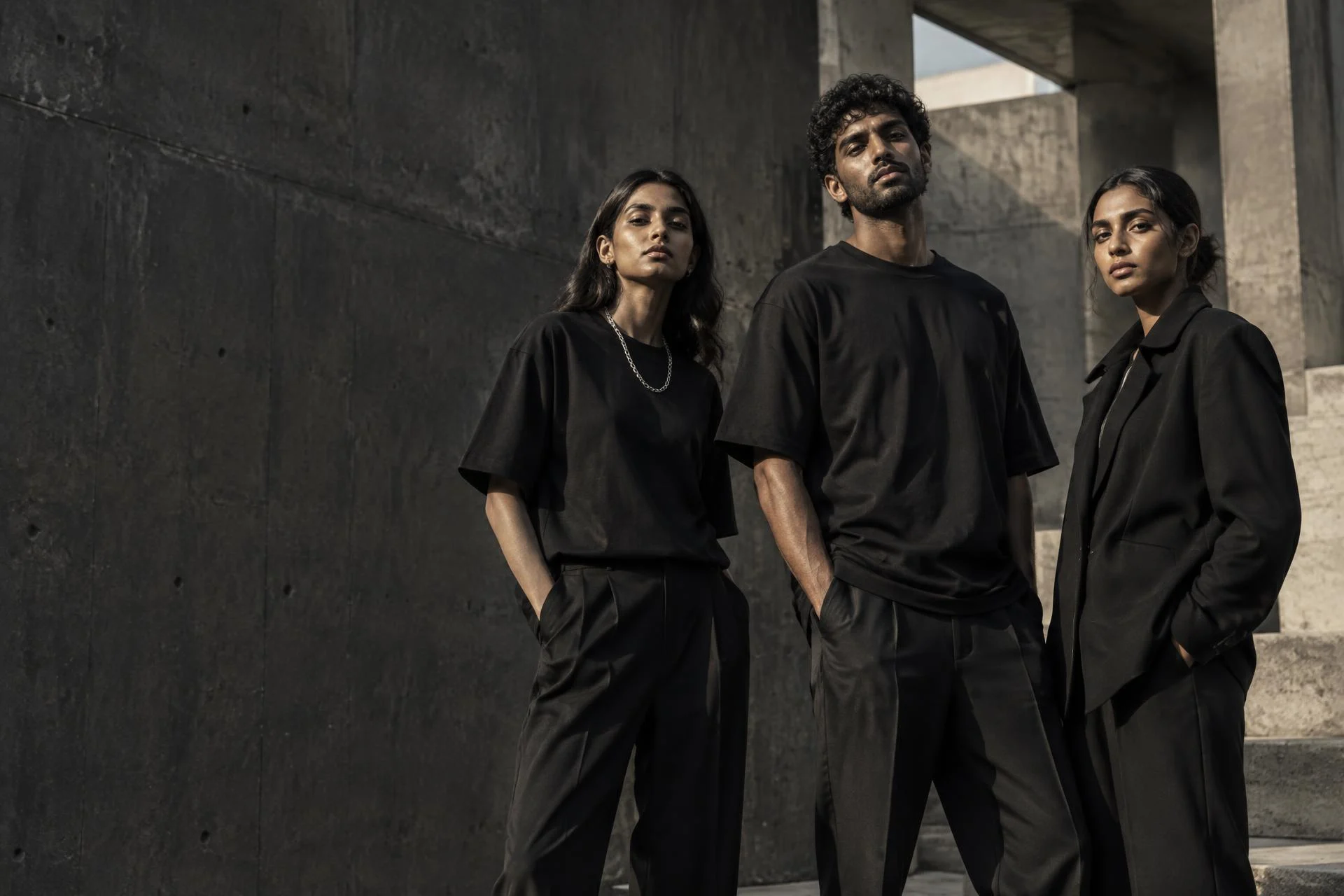 Three adult models wearing black oversized tees and tailored layers in a sunlit brutalist setting